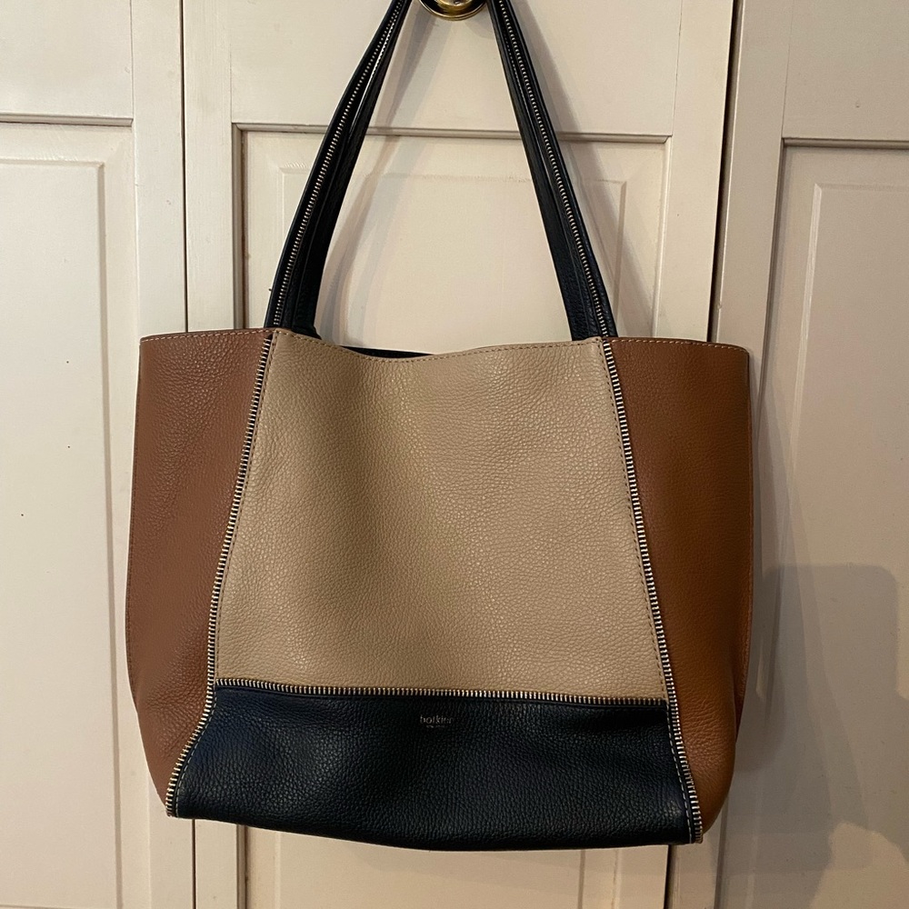 Unique Botkier colorblock leather, snap closure tote with zipper trim accents!